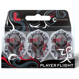 Set of three Ryan Searle V2 clear white L1 Pro dart flights in retail packaging with bold skull artwork, front view