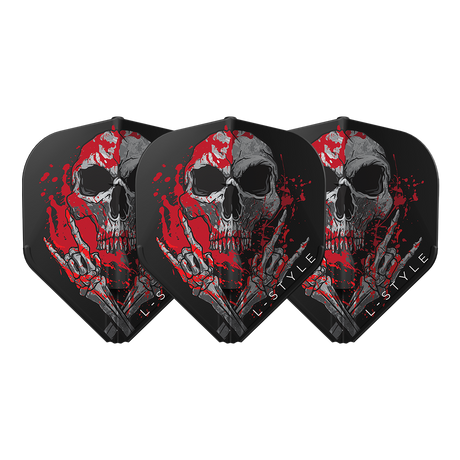 Three black standard dart flights with red skull graphic, front-facing view, arranged side by side for dart setup display.
