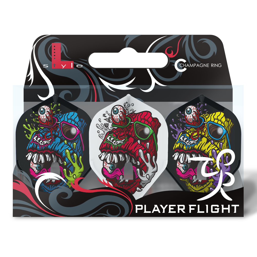 Packaged set of three L-style Shingo Enomata V3 Mix Pro L1 standard dart flights with vibrant zombie graphic designs, full front view