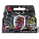 Packaged set of three L-style Shingo Enomata V3 Mix Pro L1 standard dart flights with vibrant zombie graphic designs, full front view