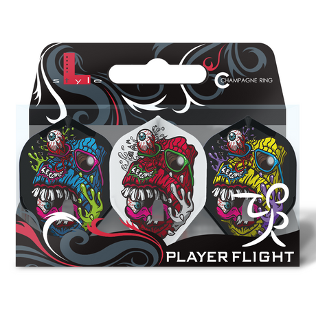 Packaged set of three L-style Shingo Enomata V3 Mix Pro L1 standard dart flights with vibrant zombie graphic designs, full front view