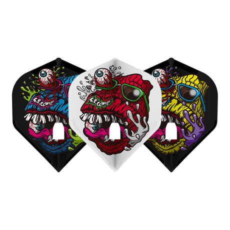 Three L1 standard dart flights with vibrant zombie designs in blue, red, and yellow, displayed front-facing on white background