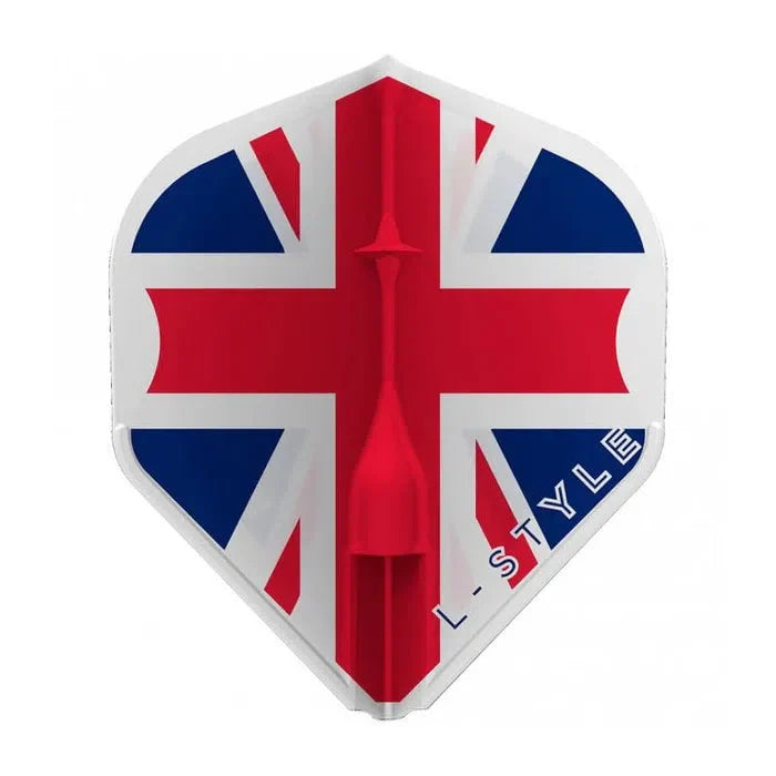 Union Jack L1 EZ standard dart flight full view, single piece molded, isolated on white, showing shaft slot and crisp flag design