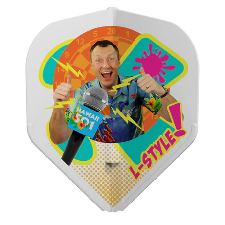 Close-up of a white L1 standard dart flight featuring colorful Wayne Mardle graphic, vibrant print, and durable molded shape for dart players