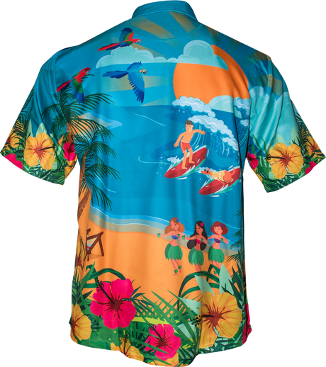 Back view of official Wayne Mardle darts shirt with tropical beach, surfers, parrots, and hibiscus design on polyester fabric