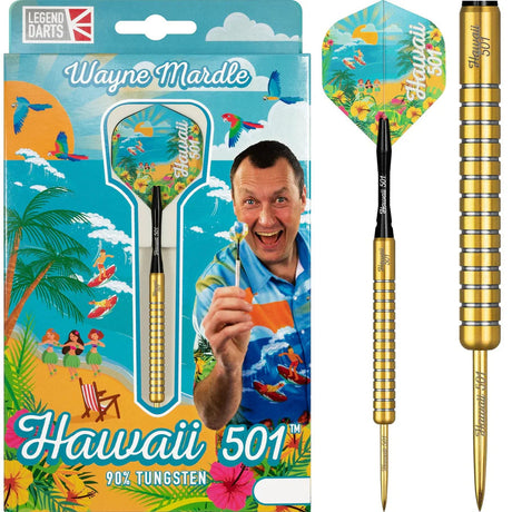 Wayne Mardle Hawaii 501 darts set in packaging with gold 90% tungsten grip, tropical flights, and close-up of full dart design