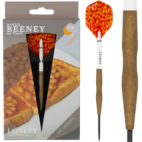 Steel tip tungsten darts in retail packaging with close-up on textured gold grip and baked beans pattern flights
