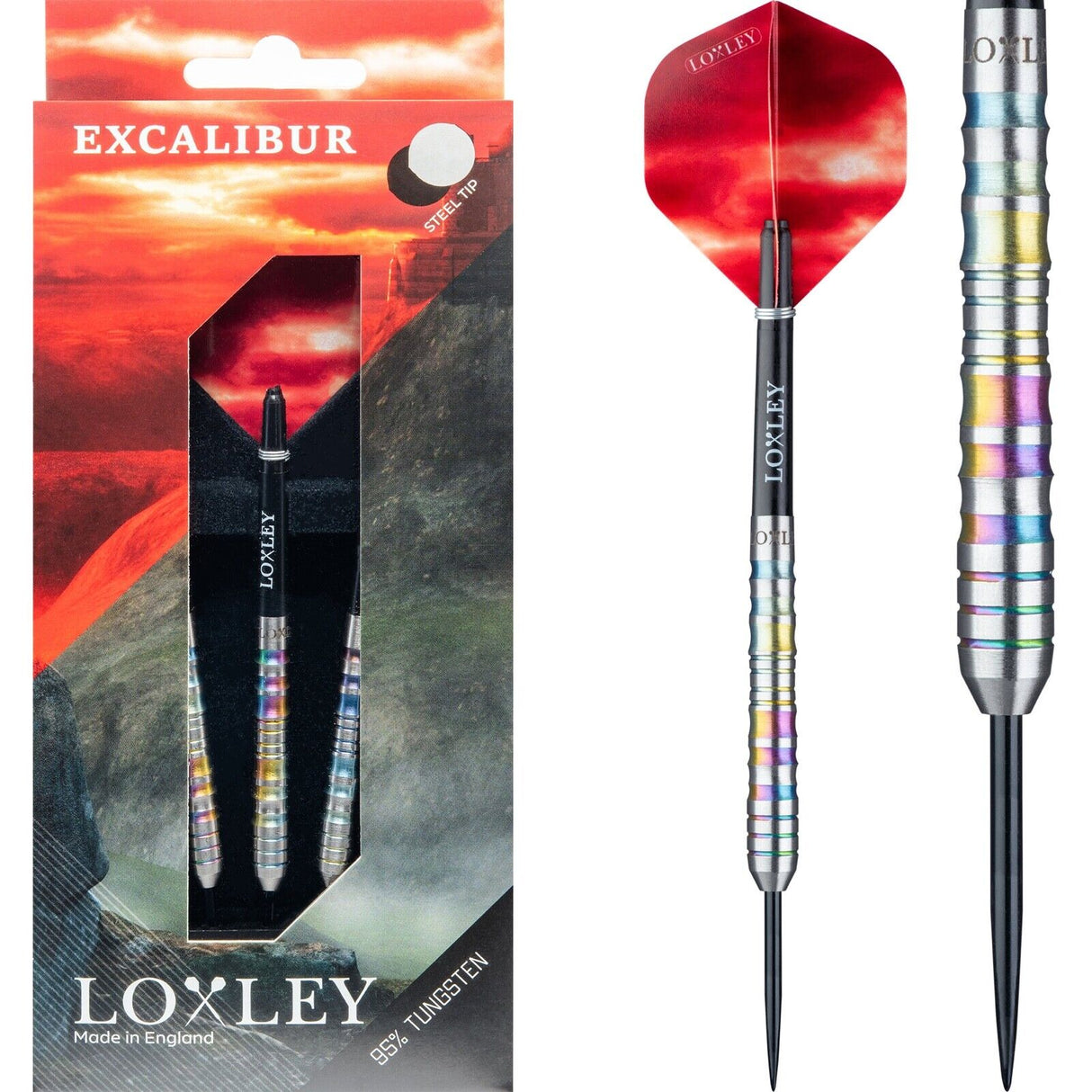 Steel tip tungsten darts in retail packaging and isolated on white, showing rainbow ringed grip, red flights, and precision barrel texture.