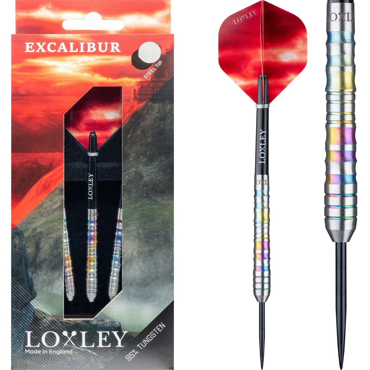 Steel tip tungsten darts in retail packaging and isolated on white, showing rainbow ringed grip, red flights, and precision barrel texture.
