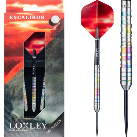 Steel tip tungsten darts in retail packaging and isolated on white, showing rainbow ringed grip, red flights, and precision barrel texture.