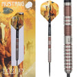Steel tip 90% tungsten dart in display packaging with horse motif, close-up of precision barrel grip rings for enhanced throwing control