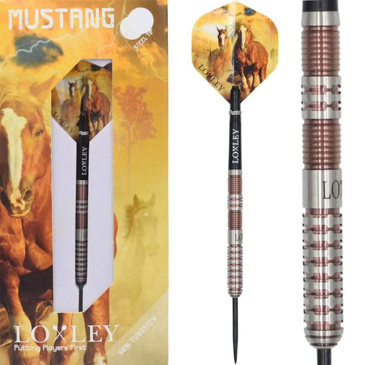 Steel tip 90% tungsten dart in display packaging with horse motif, close-up of precision barrel grip rings for enhanced throwing control