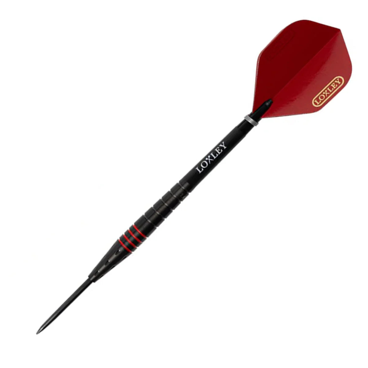 Angled full view of 90 percent tungsten dart with black grooved barrel, blood red rings, and red flight, isolated on white background