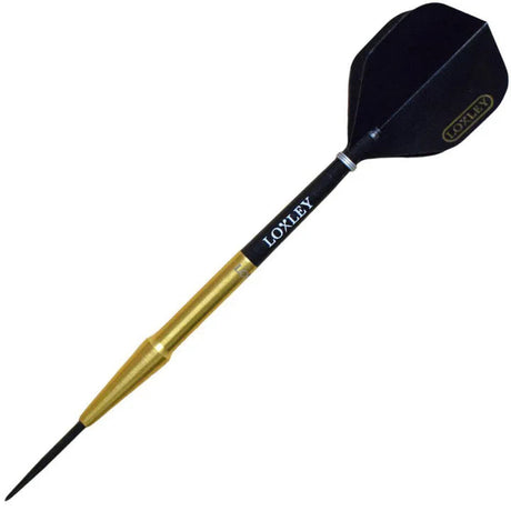 Gold tungsten dart with black shaft and flights, full product view on white background, highlighting barrel and slim profile
