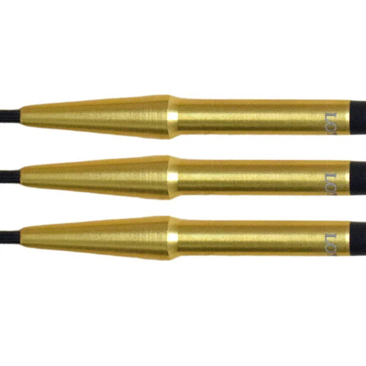 Close-up of three gold tungsten dart barrels in a row, showing smooth grip and precision tapered design for players