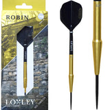 Golden 90% tungsten steel tip dart with black flight, shown in retail packaging and close-up, ideal for precision dart players.