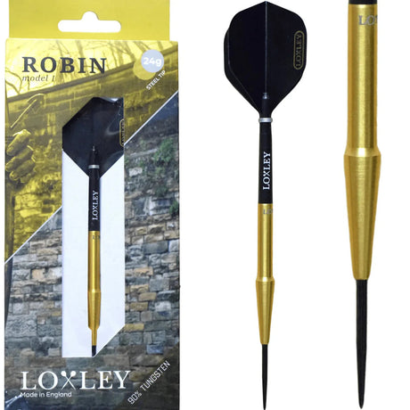 Golden 90% tungsten steel tip dart with black flight, shown in retail packaging and close-up, ideal for precision dart players.