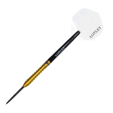 Full view of assembled tungsten dart with gold ringed barrel, black shaft, and white Loxley flight on white background