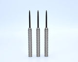 Three 90% tungsten steel tip darts upright, isolated on white background, showcasing aggressive ringed grip barrel design