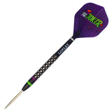Angled full view of 90% tungsten steel tip dart with black knurled barrel, green rings, and purple Joker flight on white background