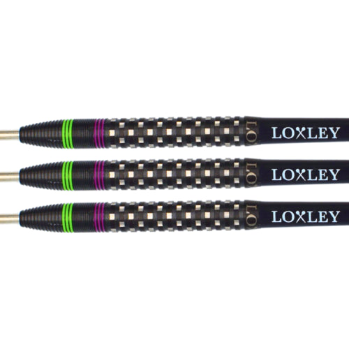 Three 90% tungsten steel tip darts side-by-side on white, featuring black knurled grip barrels and green-purple ring accents for enhanced control