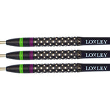 Three 90% tungsten steel tip darts side-by-side on white, featuring black knurled grip barrels and green-purple ring accents for enhanced control