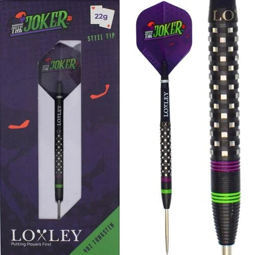 Steel tip tungsten dart in retail packaging with close-up of grip, Joker flight, knurled barrel, and vibrant green and purple rings