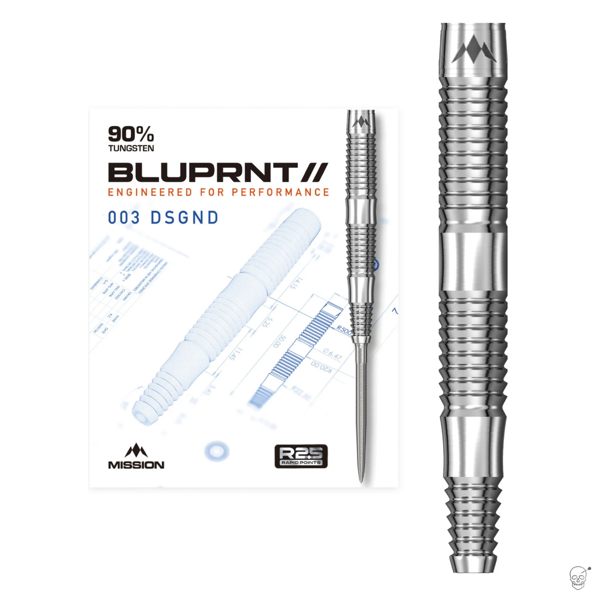 Mission BLUPRNT DSGND 90% tungsten darts - packaging and barrel