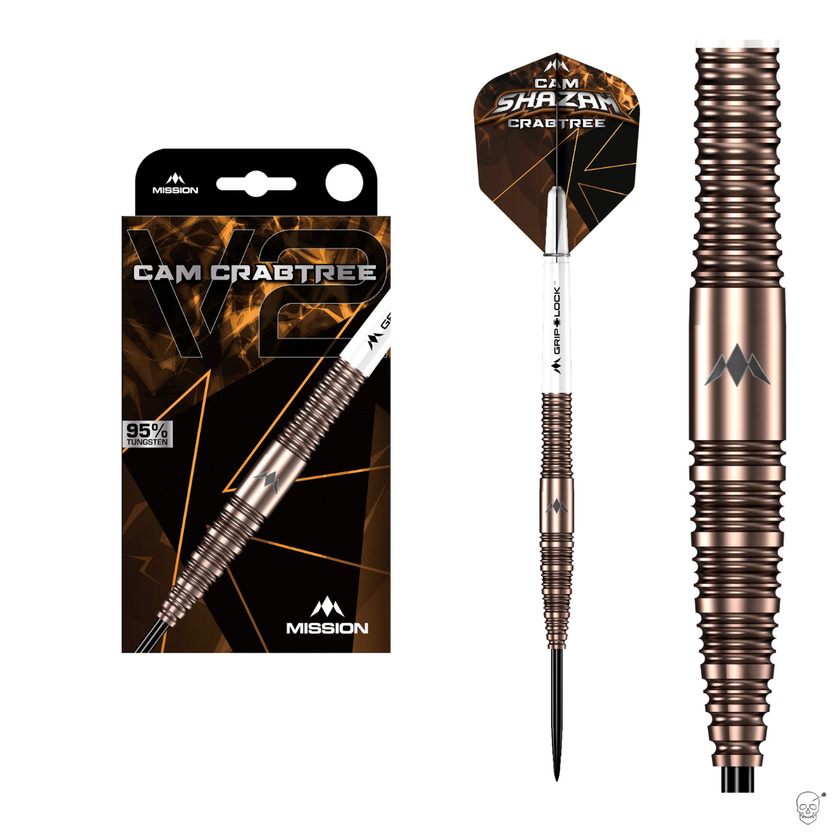Mission Cam Crabtree V2 95% tungsten darts - packaging, assembled dart and barrel close-up