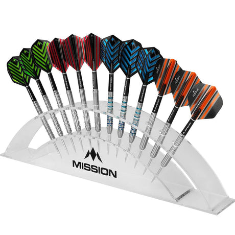 Twelve steel tip darts in colorful flights arranged on an acrylic arch display stand, isolated on white, ideal for dart storage and organization.