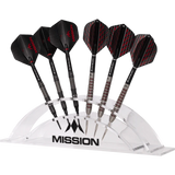 Six darts displayed in a clear acrylic stand, straight-on view, showing dart flights, barrels, and tips, ideal for dart storage or retail display.