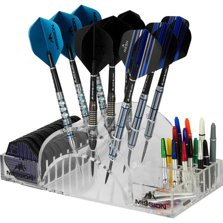 Acrylic dart display station showing 9 steel tip darts with flights, extra flights, shafts, and accessories neatly organized on white background