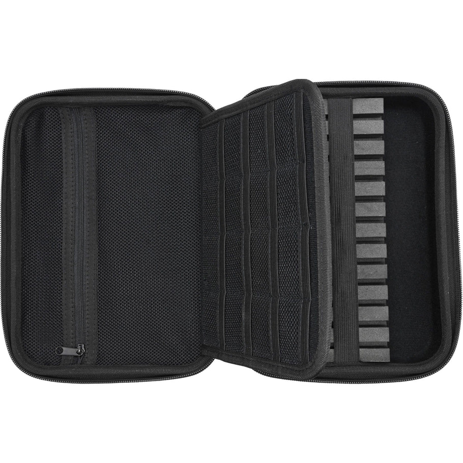Top-down open darts case with foam dart slots, mesh zip pocket, and internal compartments for flights and shafts