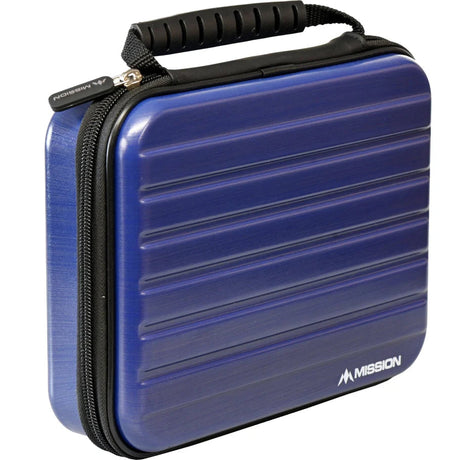 Metallic blue ABS darts case with ridged exterior, zip closure and black handle, angled full view on white background