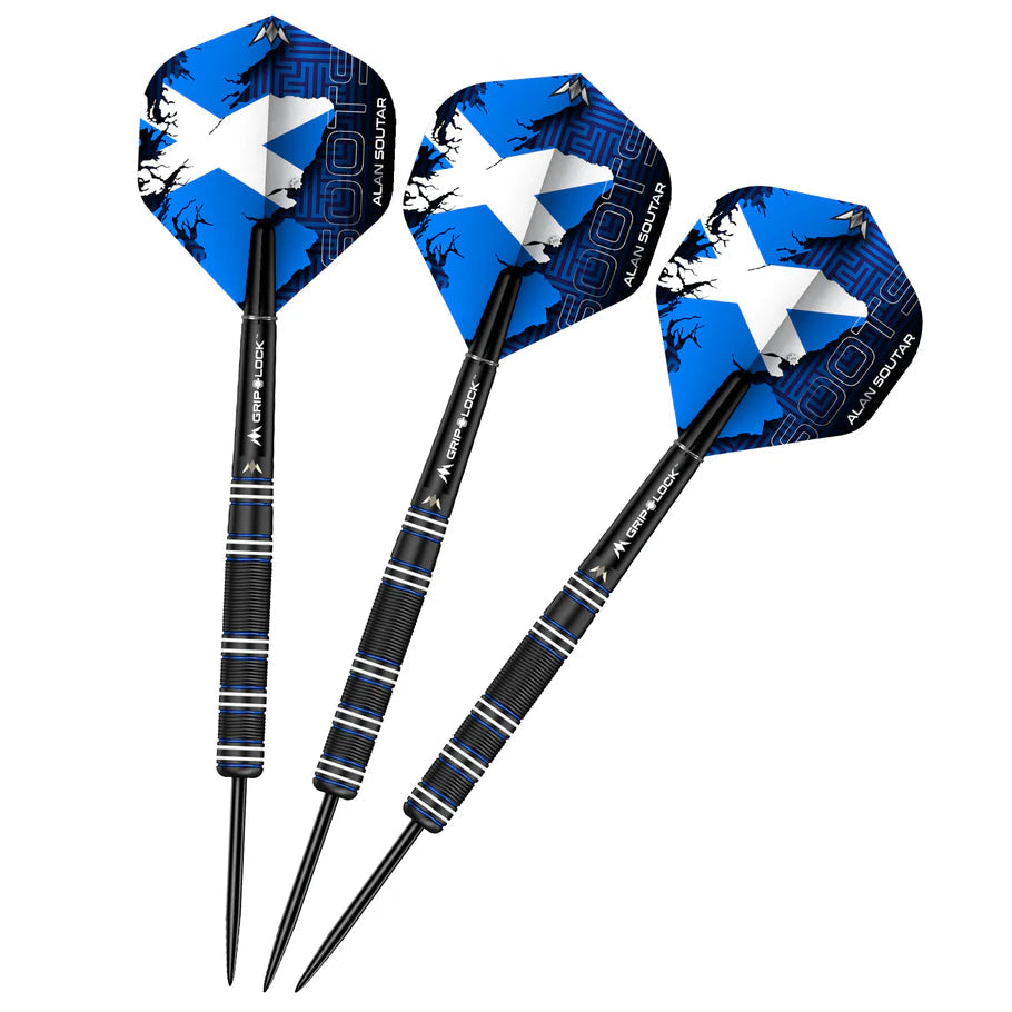 Three black titanium steel tip darts with textured tungsten barrels and blue flights arranged on white background