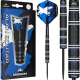 Steel tip tungsten darts in retail packaging, close-up of black titanium grooved barrel, blue rings, Scottish flights