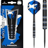 Steel tip tungsten darts in retail packaging with Scottish flag, close-up of black titanium barrel and blue accent ring grip detail
