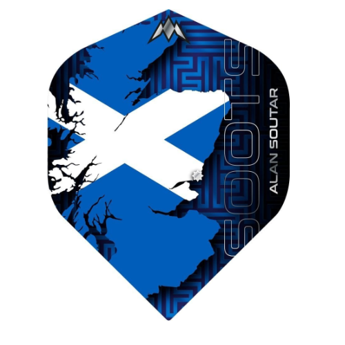 Mission Alan Soutar No.2 dart flight upright on a white background, blue and white Scottish saltire design