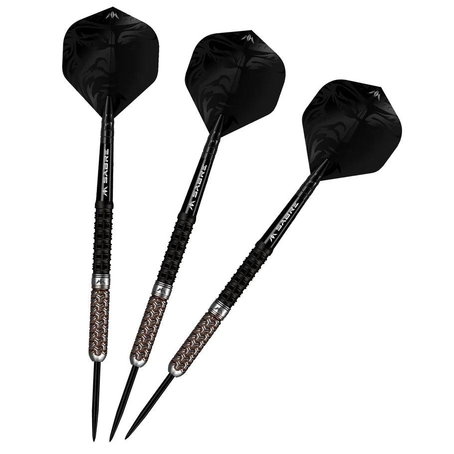 Set of three 97.5% tungsten darts with black flights, black and bronze textured barrels, isolated on white background