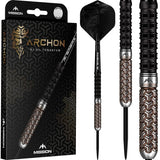 Tungsten darts full view with black and bronze PVD barrels, geometric grip texture, and retail box on white background
