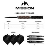 Full view of black and bronze tungsten dart with grip pattern, size chart, three black flights, and three 36mm short stems on white background