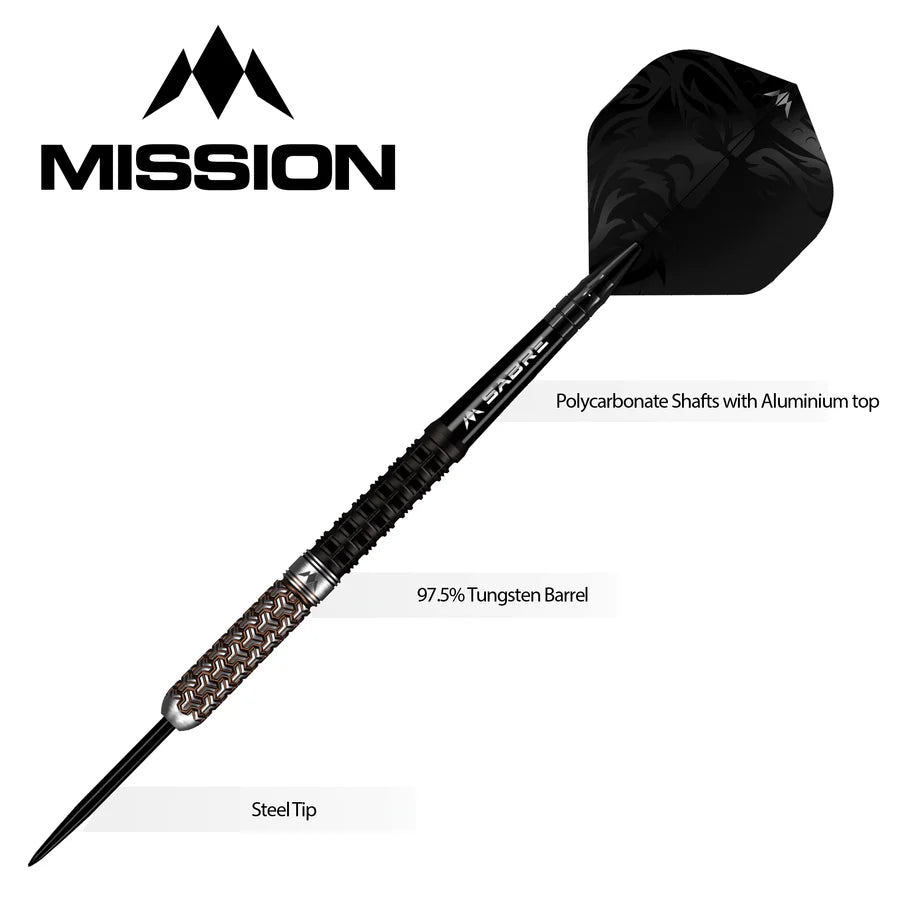 Full view of 97.5% tungsten steel tip dart on white background with labeled features for grip, barrel, and polycarbonate shaft.
