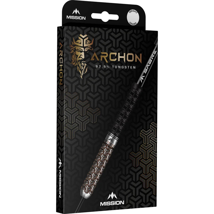Angled view of Mission Archon tungsten darts in retail packaging with close-up of barrel grip and black bronze PVD finish