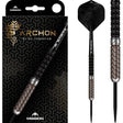 Full view tungsten darts in black and bronze PVD with geometric grip, one dart in retail packaging, one isolated on white background
