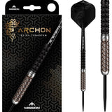 Full view tungsten darts in black and bronze PVD with geometric grip, one dart in retail packaging, one isolated on white background