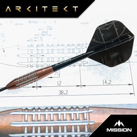 Angled close-up of 90% tungsten dart on blueprint, showcasing barrel grip texture and precision-engineered dart design