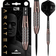 90% tungsten dart set with precision grip barrel, bronze finish, unique flight design, shown in packaging and isolated on white