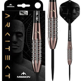 90% tungsten dart set with precision grip barrel, bronze finish, unique flight design, shown in packaging and isolated on white