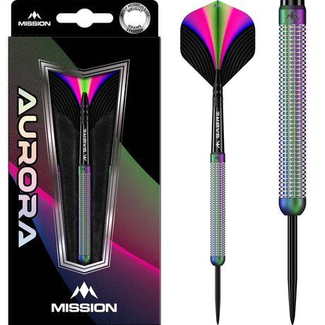 Steel tip tungsten dart with coral PVD coating shown in retail packaging and isolated, focusing on grip texture and vibrant flights