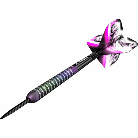 Angled tungsten dart with grooved grip barrel and purple-green flights, isolated on white background